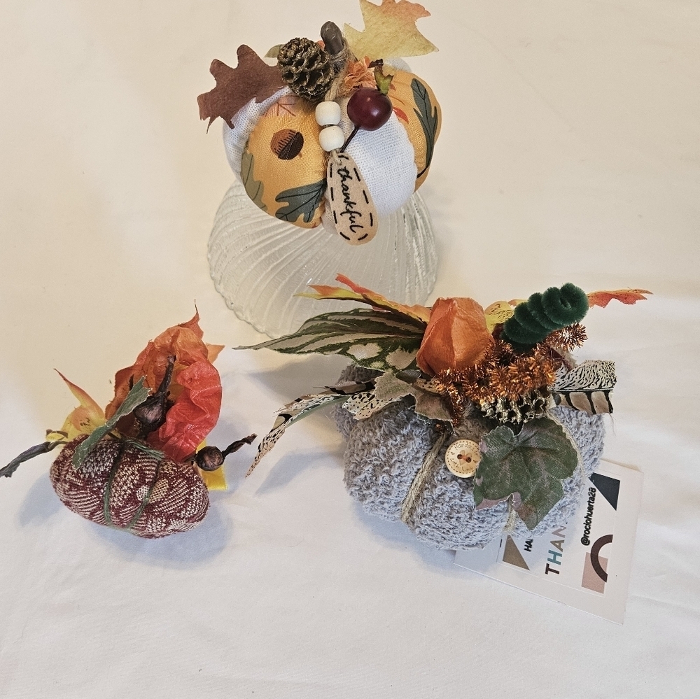 Hand Crafted Fabric Pumkins trio holiday decor harvest motif fall handmade art - Picture 4 of 16